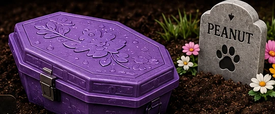 Purple Critter Casket beside a mini headstone reading Peanut